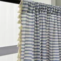 Close-up of blue and white striped cotton linen curtain with ivory fringe details - Yarn-dyed Blue Striped + Suzhou-style Rod Curtain / 150w*160cm High