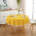 Yellow round Nordic table cloth with white geometric diamond pattern and fringed edges - Checkerboard With Tassel