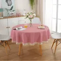Red and white checkered round tablecloth with white cotton fringe on a wooden table - Red Fine Grid with Tassels