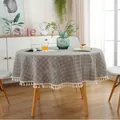 Nordic round tablecloth with grey diamond grid pattern and decorative cream tassel edge - Gray Plaid with Tassel