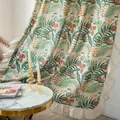 Tropical leaf print curtains with ruffles in natural beige linen for bedroom decor - Green Plant Lotus / Hook / Short Valance