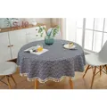 Round cotton linen tablecloth with navy seigaiha wave pattern and fringe tassels - Sea Wave Pattern With Tassel