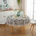 Round sage green tablecloth with white mandala print and cotton fringe tassels - Gray Vintage Flower With Tassel