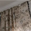 Country style cotton linen floral curtain with black daisy prints and tassel trim - Peony Pattern With Black Tassel Rod Pocket