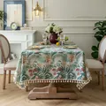 Tropical leaf and bird of paradise print linen tablecloth with elegant white tassels - Super-Sized Rectangular / Potted Plant Style