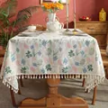 Pastel leaf print polyester linen tablecloth with fringe edges for rustic home dining - Large Rectangle / Multicolor Leaf Style