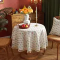 Tovaglia rotonda retrò con stampa botanica verde e eleganti bordi con nappe - Piccolo / Piante Verdi Complete con Nappine