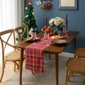 Close-up of red plaid cotton linen table runner with classic festive Christmas pattern - 30x200cm / Christmas Red Plaid