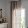 Detailed close-up of farmhouse plaid curtain fabric with delicate white fringe tassels - Embroidered Brown Plaid + Suzhou-style Hanging Rod Curtain (with Reverse Pressure) / 132x260
