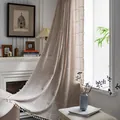 Linen texture plaid curtain with white tassel fringe in a soft beige neutral tone - Embroidered Brown Plaid Curtain With Suzhou Hooks (reverse Pressure) / 132x260