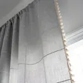 Detail view of grey plaid farmhouse curtain with white grid pattern and decorative tassels - Embroidered Gray Plaid Curtain + Suzhou-style Hanging Rod Curtain (with Reverse Pressure) / 132x260
