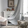 Detail of light gray plaid curtain with linen texture and white pom-pom tassel trim - Embroidered Gray Checkered Curtain With Suzhou-style Hooks (reverse Pressure) / 132x260