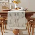 Detail of beige crochet table runner with geometric floral patterns and handmade tassels - Beige Woven Style