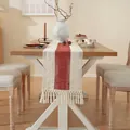Boho katoenen linnen tafelloper met roodbruine strepen en handgemaakte kwastjes - 30*200cm / Rode Streep Met Kwastjes