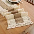 Detail of bohemian woven table runner with tassels and cream brown geometric patterns - Middle Stripe Hemp Style / 30x120cm