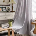 Light grey purple linen blend curtain with delicate white tassel trim for home decor - Gray Cotton + Su Hook Curtain / 150w*160cm High
