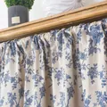 Detail of blue floral cotton linen cafe curtain with elegant rustic pleats for home - Hook Style / 140x45cm / Blue Floral Hemmed