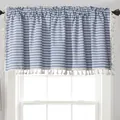 Blue and white striped cafe curtain with elegant cotton tassels and linen texture - Yarn-dyed Blue Striped + Off-white Tassel Curtain Rod / 150cm Width x 45cm Height