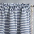 Blue and white striped short curtain with fringes on a black rod in a minimalist room - Color-woven Blue Striped + Off-white Tassel Hook Curtain / 150cm Width x 45cm Height