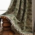 Donkergroen bloemengordijn met witte kwastjes en details van jacquardstof - Groen Bloemenpatroon (Kwastje Roede) / 150Bx45H