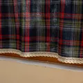 Close-up of tartan pattern fabric with cream lace trim on a wooden window sill - Rod Pocket Style (With Lace Trim) / 140x60cm / Navy Red Plaid