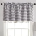 Detail of gray and white striped short curtain with decorative white ball tassel trim - 150cm Width x 45cm Height / Coffee Striped / Rod Pocket Style