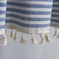 Blue and white striped linen curtain with elegant tassel trim and self-adhesive design - Yarn-dyed Blue Striped + Off-white Fretwork Velcro Curtain / 150cm Width x 45cm Height