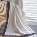 Modern minimalist cream linen curtain with dark blue lace trim hanging on a wooden chair - 150cmx45cm / Cream/Blue Style (Blue Lace / Hooks)