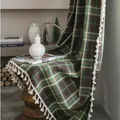 British style retro plaid throw blanket with white tassels on a wooden stool - Width 140 * Height 220 / Coffee Green Plaid With Tassels - Hook Style