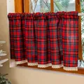 Red plaid cafe curtain with lace trim on a small window, cozy rustic home decoration - Rod Pocket Style (With Lace Trim) / 140x60cm / Red Blue Line Plaid
