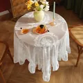 Elegant white lace tablecloth with floral embroidery and ruffled edges for home decor - 140*260cm / White Ruffles