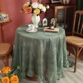 Elegant vintage green lace round tablecloth with floral embroidery and ruffled edges - 140*260cm / Green Ruffle