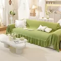 Avocado green ruffle hem sofa cover in elastic knitted fabric for 3-seater couch decor - Fruit Green Lotus Flower Sofa Cover 25cm Edge / 180*180CM