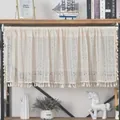 Beige hollow lace short curtain with fringe tassels for kitchen cabinets and windows - Beige Flower / Rod Pocket Curtain / Short Style