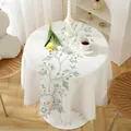 Franse stijl beige rond tafelkleed met blauw bladpatroon en elegante franje kwastjes - Jacquard Groene Bloemen + Kwastjes (tegendruk) / 140 Cm Rond (550 G)