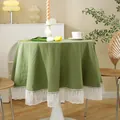 Mantel redondo verde oliva de algodón con borde de encaje blanco para estilo nórdico - Redondo 100cm / Verde Fruta