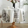 Moroccan geometric round tablecloth in linen fabric with bohemian tribal patterns - Black Geometric