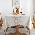 Detailed embroidery of leaves on linen tablecloth with elegant white fringe tassel edges - 140*250cm / Yellow Floral Jacquard With Tassel