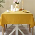 Close-up of bright yellow cotton tablecloth showing fine fabric texture and white stitched edges - 90*90cm / Warm Yellow