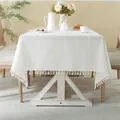 Close-up of white jacquard tablecloth with vertical stripes and elegant fringe details - 140x250CM / White Single Braid Tassel Style
