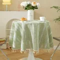Green jacquard round tablecloth with white stripes and elegant tassels for home decor - Green Braided Pattern