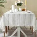 Close-up of white jacquard tablecloth featuring hollow stripes and decorative fringe details - 140x250CM / White Jacquard Tassel Style