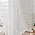 Detailed texture of white sheer curtain with soft pom-poms and polyester fabric - Rod Pocket Style / 132x45