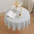 Round grey checkered tablecloth with decorative tassels for minimalist home dining decor - Embroidered Gray Grid