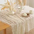 Elegante beige Hohlspitze Tischdecke mit Quasten für Hochzeit und Wohndekoration - 150cm Länge * 100cm Breite / Raute Blumen + Quaste