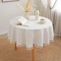 Nordic round beige faux linen tablecloth with white diamond grid patterns and chic tassels - Embroidered Cream Grid