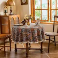 Bohemian round tablecloth with dark blue jacquard patterns and white fringe tassels - Diameter 100CM / Vintage Umbrella Pattern with Tassels