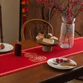 Detailed embroidery of gold gourd pattern on festive red Chinese table runner - 35x140cm / Gourd Fortune Red Style
