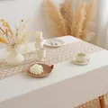 Cream linen tablecloth with bohemian crochet lace runner and decorative tassels - Phoenix Tail Stitching Tassels Small Square (5140)