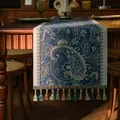Amerikaanse vintage tafelloper donkerblauw met paisley patroon en kwastjes decoratie - 35x120cm / Jacquard Blauwe Paisley Met Blauwe Kwast